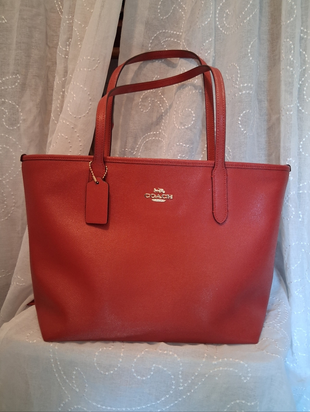 Coach Red Pebbled Leather Ziptop Tote Bag - Coach Gold Hardware